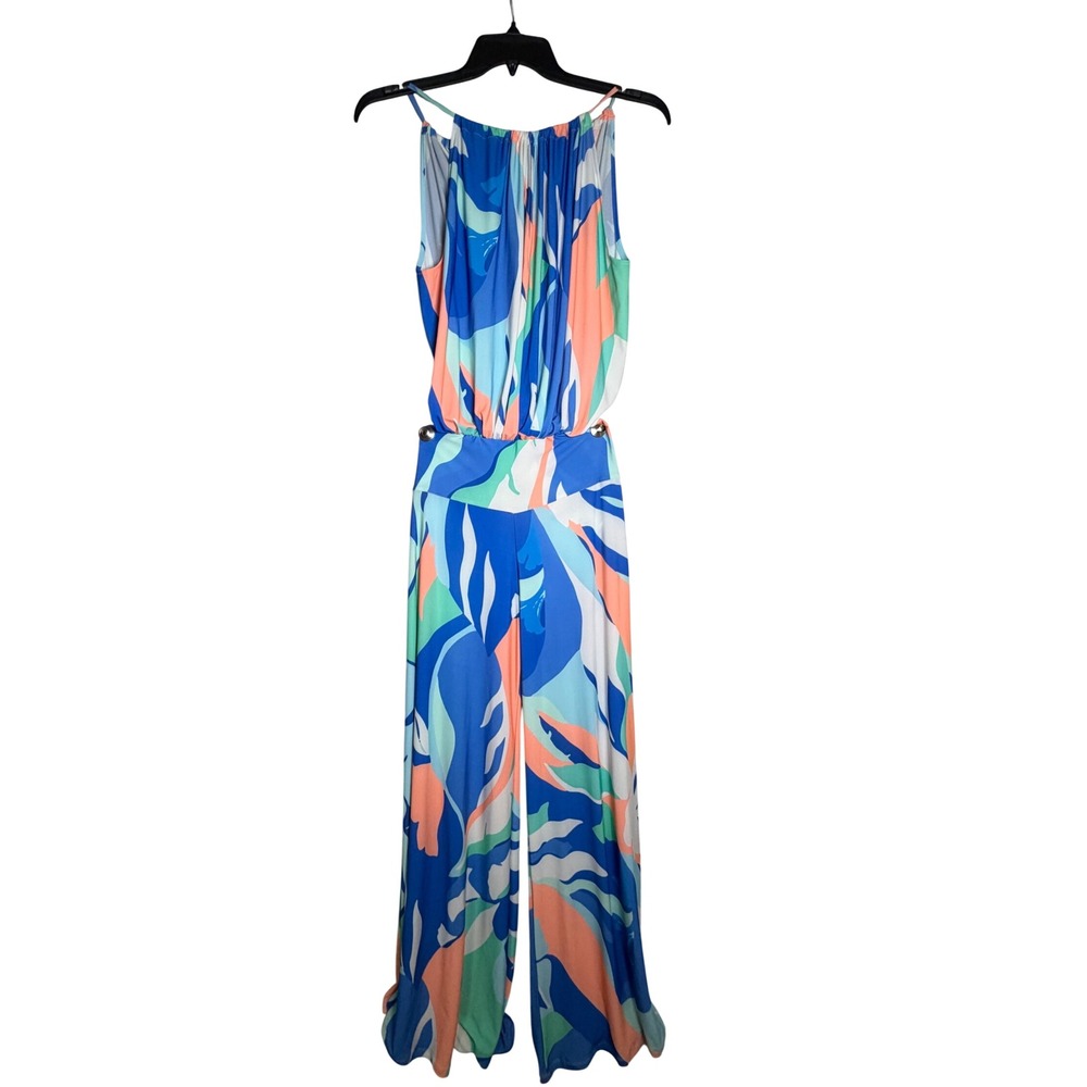 Julian Chang Blue Coral Abstract Tropical Wide Leg Halter Jumpsuit Small USA